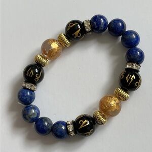 Genuine Blue Lapis Lazuli Onyx Beaded Bracelet Carved Ceramic Glass Gold Tone